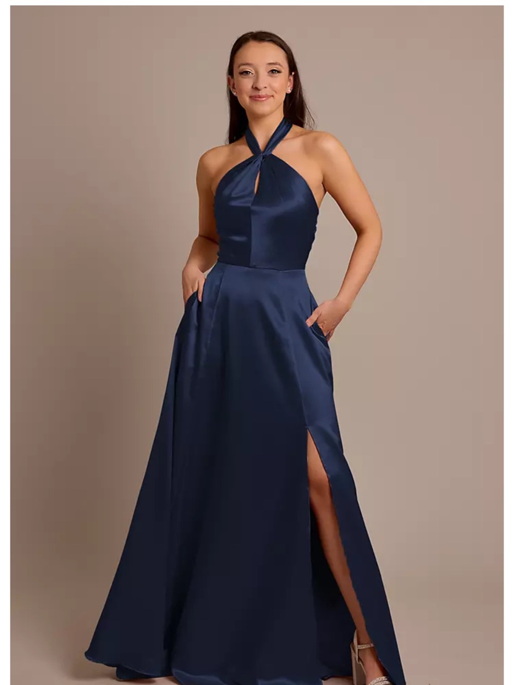 NWT Navy Halter Satin Evening Gown with Front Slit